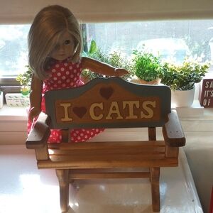 Painted Wooden Bench, I Love Cats, Brown Red White Blue, Hearts, Doll Size